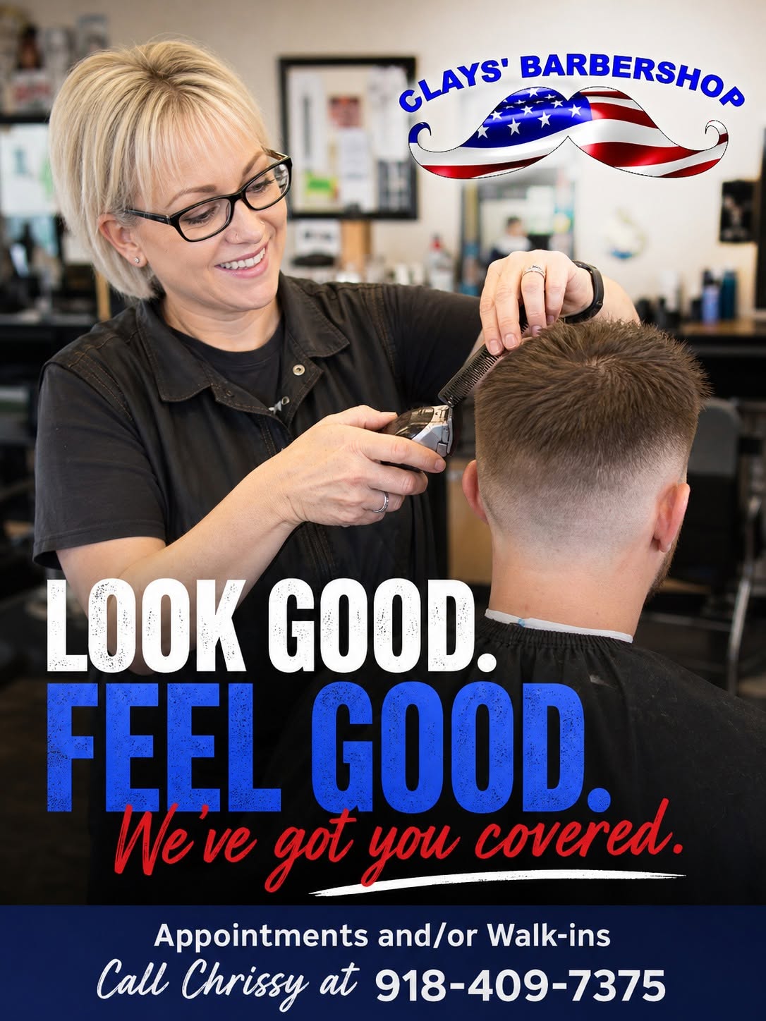 Chrissy cutting a client's hair at Clay's Barbershop
